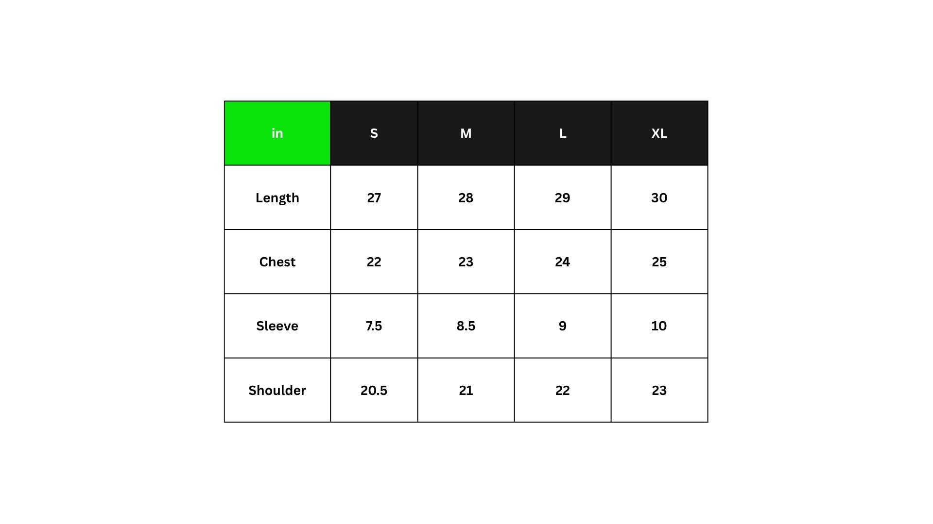Size chart for clothing with measurements in inches